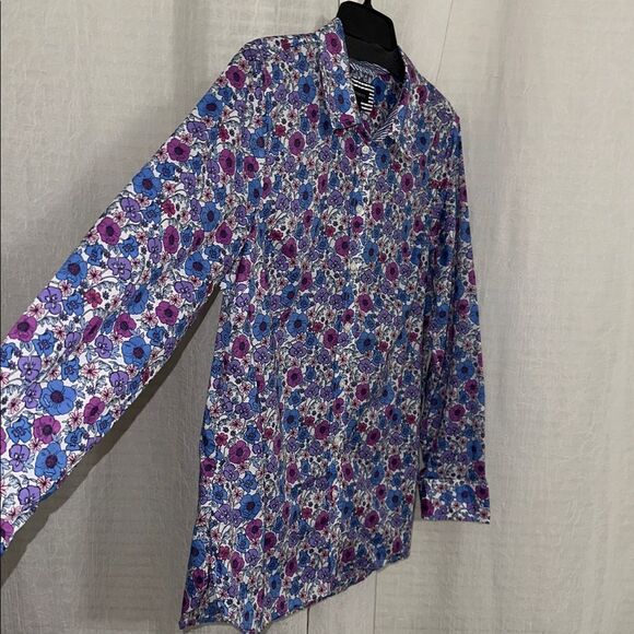 TALBOTS L White Blue Purple Poppy Ditsy Long Sleeve Modern Classic Cotton Shirt - Picture 12 of 15